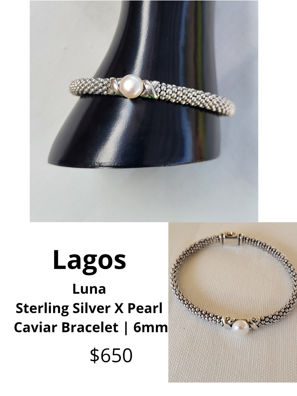 Lagos Luna Sterling Silver Pearl Caviar Bracelet - White Pearl.  #225b1